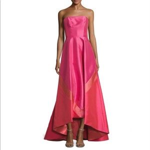 Theia Satin High Low Bateau Neckline Gown